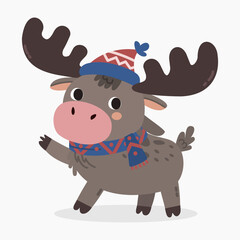 Cute cartoon moose wearing a warm scarf and beanie  vector illustration isolated on white background