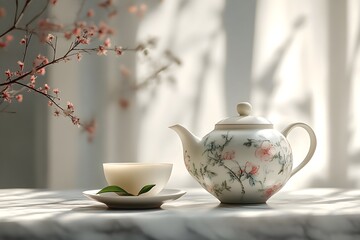 Fototapeta premium Delicate ceramic teapot and porcelain cup on marble surface - Generative AI