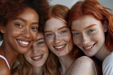 Obraz premium Four diverse women smiling together in close up portrait.