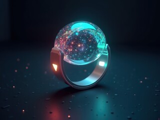 Unique ring displaying a galaxy within a glass orb on a dark surface