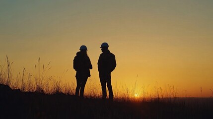 Silhouette of Engineer and Worker Inspecting a Building Project at a Construction Site During Sunset