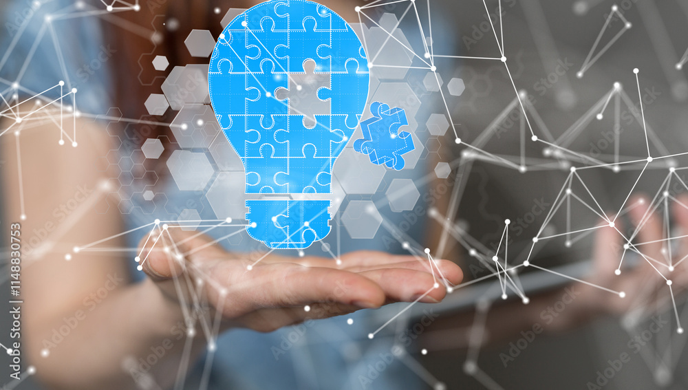 Poster Neural network 3D illustration. Big data and cybersecurity