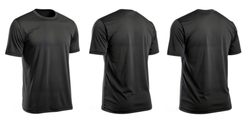 Three views of a plain black t-shirt on a transparent background. Front, back, and slightly angled back view. Ideal for apparel mockups, fashion catalogs, online stores, and design presentations.