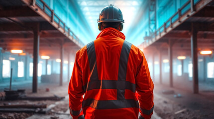 Person in protective clothing, back view, anonymous figure on a construction site.