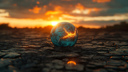 desolate, dry, and burned planet symbolizing the devastating effects of climate change. The cracked earth and lack of water represent environmental collapse, chaos, and the urgency of conservation eff