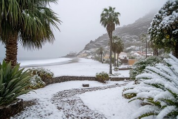 The,first,snow,Tenerife,village,rare,event,covering,sandy,beaches,palm,trees,light,dusting,