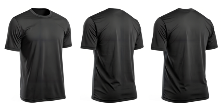 Three views of a plain black t-shirt on a transparent background. Front, back, and slightly angled back view. Ideal for apparel mockups, fashion catalogs, online stores, and design presentations.