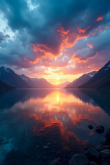 Fototapeta premium Cloudy dramatic sky over the water with mountains in the background.