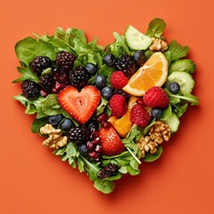 Obraz premium Festive heart-shaped salad with mixed greens fruits and nuts colorful background celebratory atmosphere