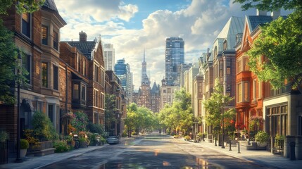 Fototapeta premium Modern urban scene blending traditional architecture with contemporary buildings.