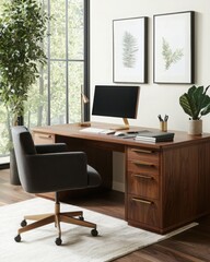 Home office organization with walnut desk and comfortable chair in modern workspace environment
