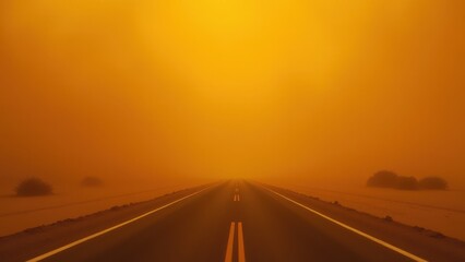 Fototapeta premium Desert Highway Enveloped in Dusty Orange Haze During a Desert Dust Storm