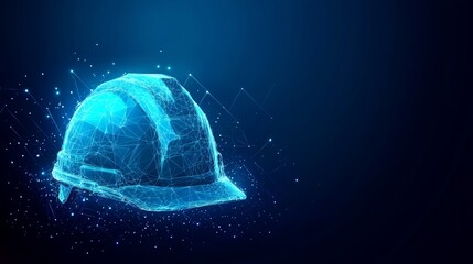Obraz premium Futuristic Work Safety Concept with Glowing Safety Helmet in Low Polygonal Style on Dark Blue Background
