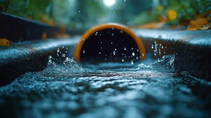 Urban rainwater flows into storm drain. Water runoff from downpipe hits drain. City infrastructure manages water. Eco-friendly drainage system. Urban drainage system in action. Rainy day scene. Water