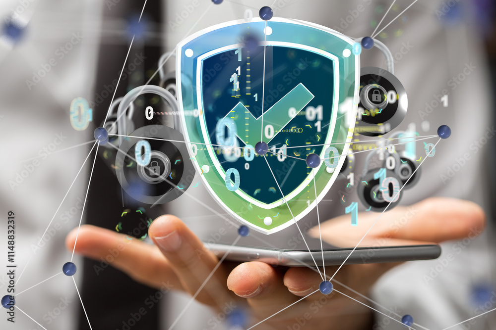 Poster Security Shield concept, data protection. Shield with dots and lines connectio