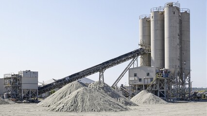 Industrial cement plant with towering silos conveyor belts and piles of gray powder under a cloudy sky