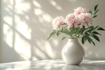 Fototapeta premium Elegant white ceramic vase with pink peonies on marble surface - Generative AI.