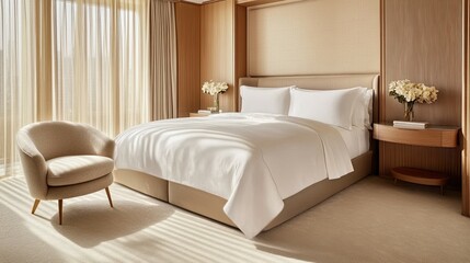 Modern minimalist bedroom design featuring neutral tones, plush bedding, large windows, soft armchair, and floral decorations for serene ambiance