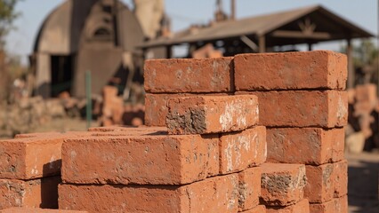 Red clay bricks stacked outdoors with industrial kiln in soft natural light