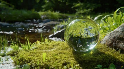 Glass globe on green moss in nature concept for environment