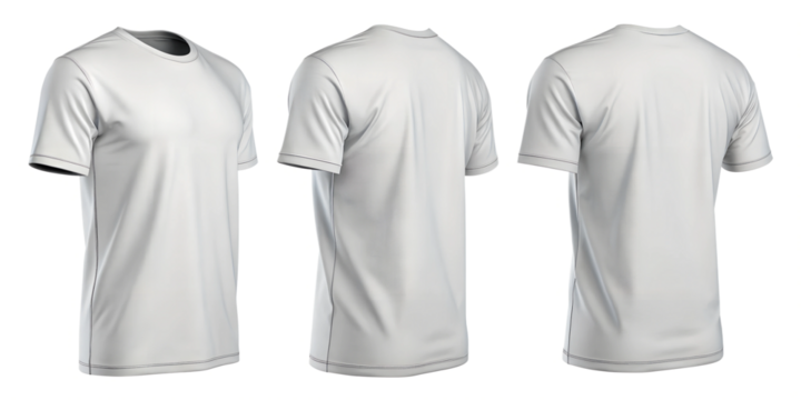 Three angles of a blank white t-shirt on a transparent background. Includes front, side, and back views. Ideal for showcasing apparel designs, creating mockups, or use in online clothing stores.