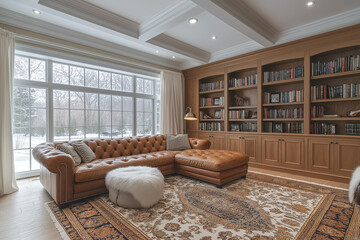 Salle de Séjour Élégante avec Bibliothèque Intégrée, Canapé en Cuir, Tapis Moelleux et Éclairage Doux, Ambiance Confortable et Sophistiquée