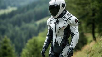 Fototapeta premium Futuristic White Armored Figure In Green Hills