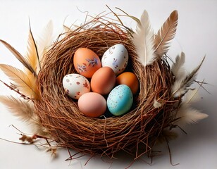 Elegantes Osternest mit bunten Eiern und Federn auf wei&szlig;em Hintergrund