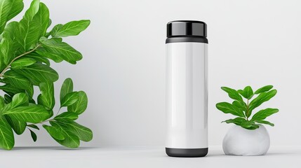 Minimalistic Scene with Clean White Bottle Surrounded by Green Leaves and Smooth Stone on Light Background, Perfect for Eco-Friendly Products or Health Themes