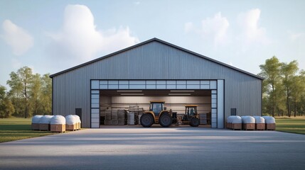 Obraz premium Modern agricultural storage facility with large garage door. Spacious interior stores farm equipment, supplies. Tractors parked inside. Storage containers outside. Rural countryside landscape with