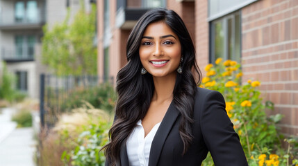 Fototapeta premium Confident young businesswoman smiling outdoors in urban setting