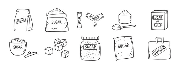 sugar doodle hand drawn icon set. Outline drawing sugar packaging, sugar cubes line clipart symbol collection