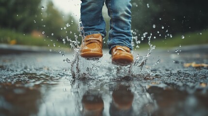 Playful moment of a child jumping in puddles, water splashing on faded jeans with a joyful expression.