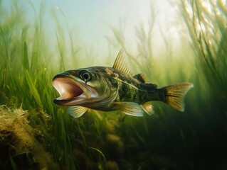 Obraz premium Large brook trout swimming underwater in a sunlit forest river, opening its mouth