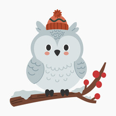 Cute cartoon snowy owl standing on a tree branch vector illustration isolated on white background