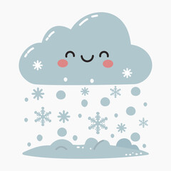 Cute smiling cartoon snowy cloud vector illustration isolated on white background