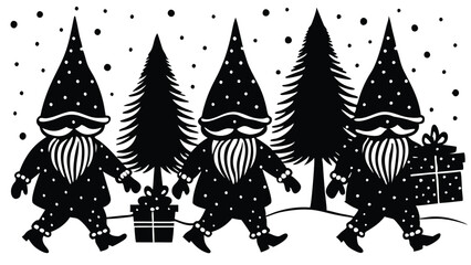 silhouette of Christmas gnomes carrying presents through a snowy forest