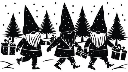 silhouette of Christmas gnomes carrying presents through a snowy forest