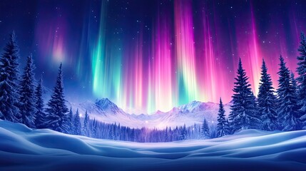 Obraz premium Majestic Northern Lights Illuminating Winter Landscape with Pine Trees and Snow-Covered Mountains Under Starry Sky at Night