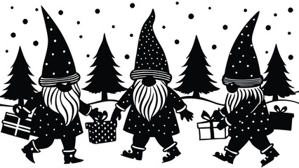 silhouette of Christmas gnomes carrying presents through a snowy forest