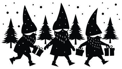 silhouette of Christmas gnomes carrying presents through a snowy forest
