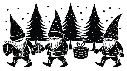 silhouette of Christmas gnomes carrying presents through a snowy forest