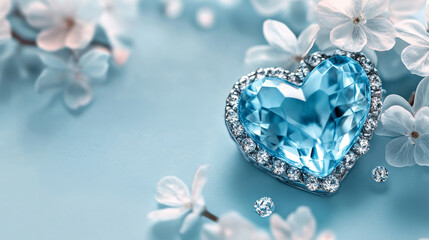 Blue Heart Gemstone with Spring Blossoms - Love, spring, luxury, precious, jewelry.  A beautiful blue heart-shaped gemstone surrounded by delicate white flowers.