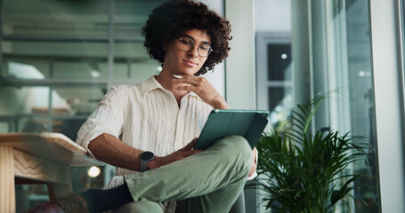 Thinking, tablet and creative man for research project, problem solving or email on internet. App...