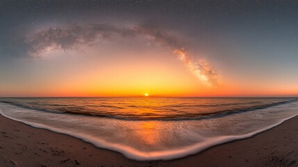 Fototapeta premium Breathtaking Sunset Over Serene Ocean Waves with Milky Way Galaxy in Clear Sky, Capturing Nature's Beauty and Tranquility at Dusk