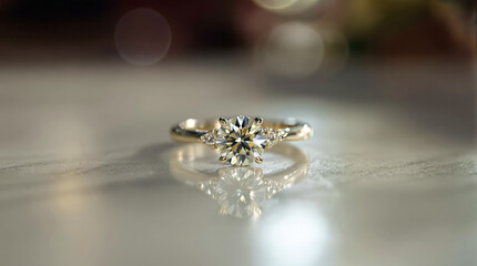 Luxurious Gemstone Ring on a Shiny Surface with Subtle Lighting Effects