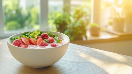 Fresh and Healthy Yogurt Bowl with Strawberries, Raspberries, and Mint Leaves on Wooden Table in Bright Kitchen with Morning Sunlight