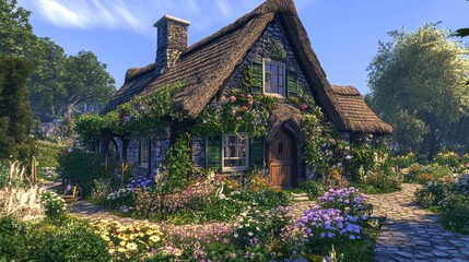 Quaint cottage with a thatched roof and flower-filled garden.