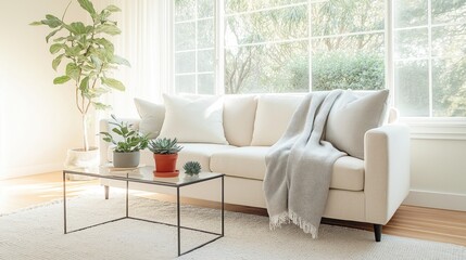 Fototapeta premium Cozy living room with natural light. Soft cream sofa with gray throw blanket. Plants in pots add touch of green plants. Glass coffee table sits in center of room. Bright, airy interior design.