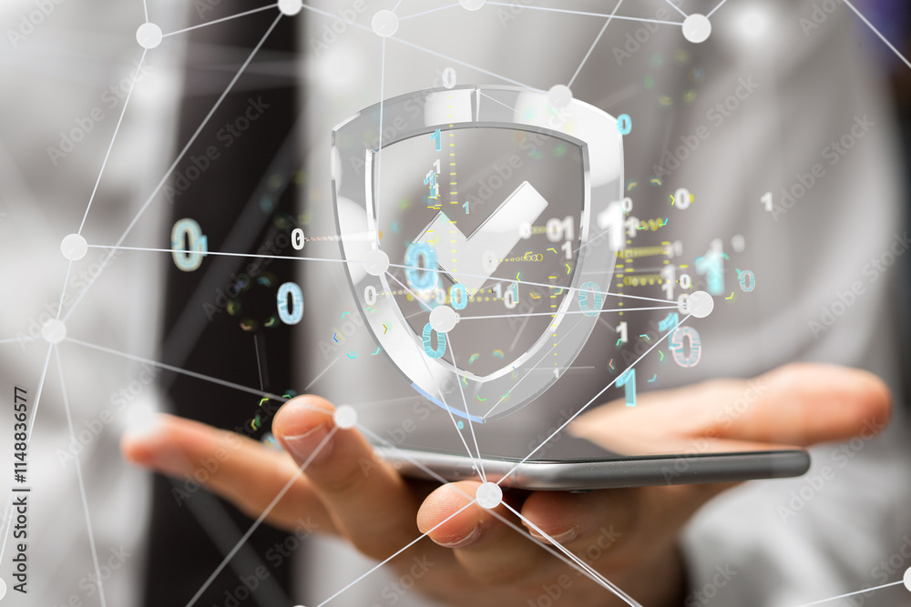 Poster Security Shield concept, data protection. Shield with dots and lines connectio